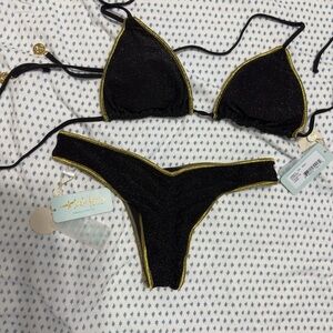 NWT Luli Fama Black and Gold Bikini Top